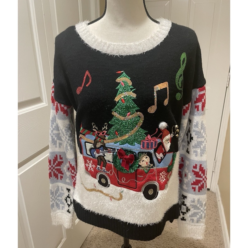 Celebrate Together Ugly Christmas Sweater Santa Reindeer Truck Sequins Holiday M